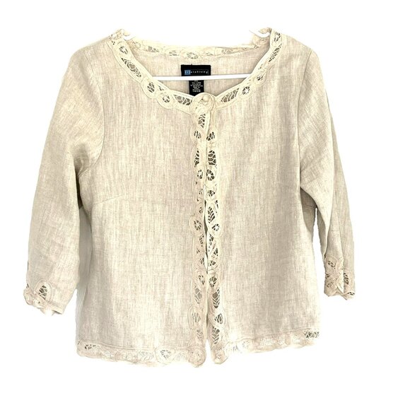 Relativity Linen Jacket sz PM Lace Trim Beige Cottagecore Career Office - Picture 1 of 7